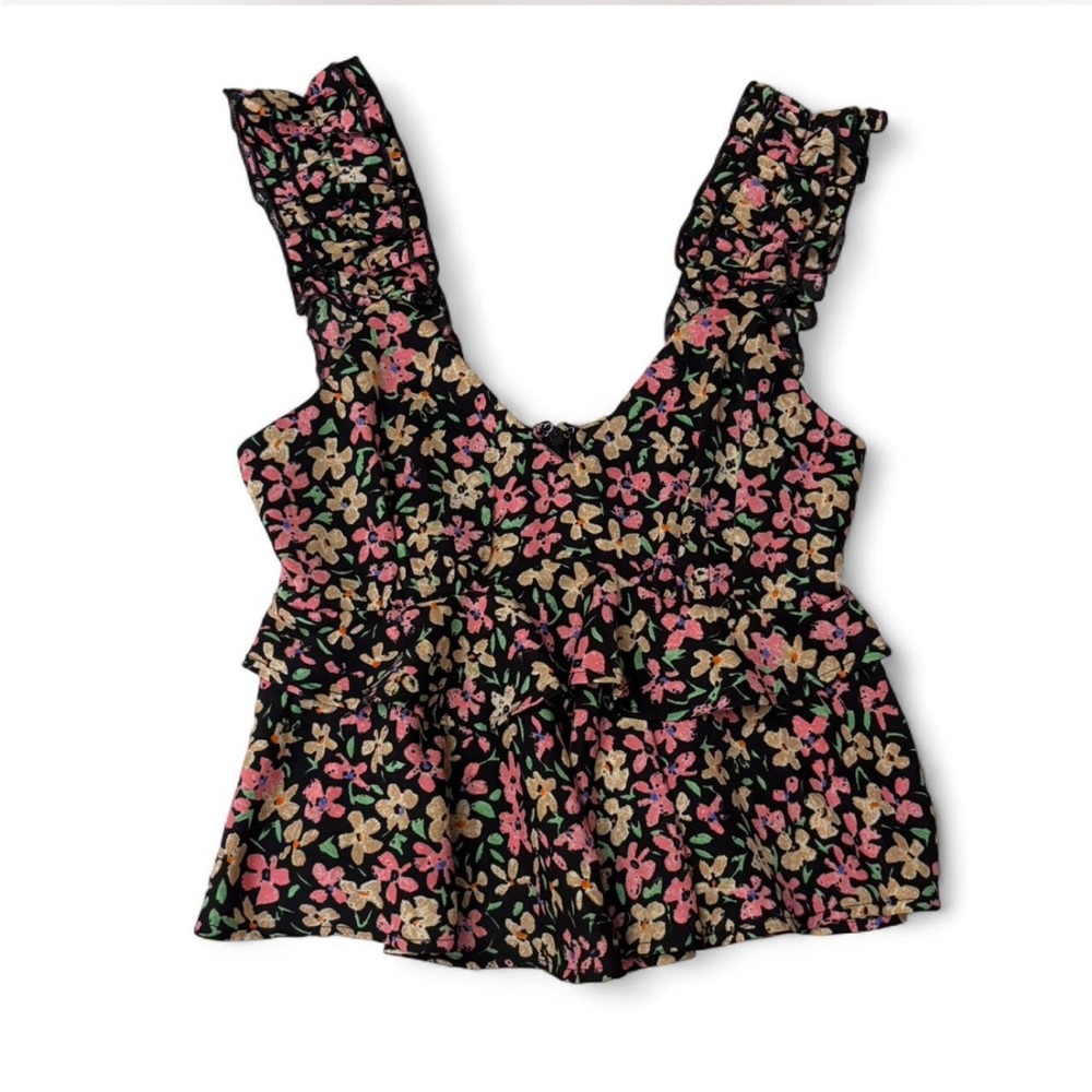 fab'rik Ruffled Black and Pink Sleeveless Blouse